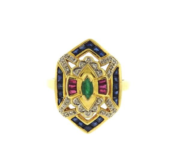 18K Gold Diamond Multi Gemstones Geometric  Ring (1 of 3)