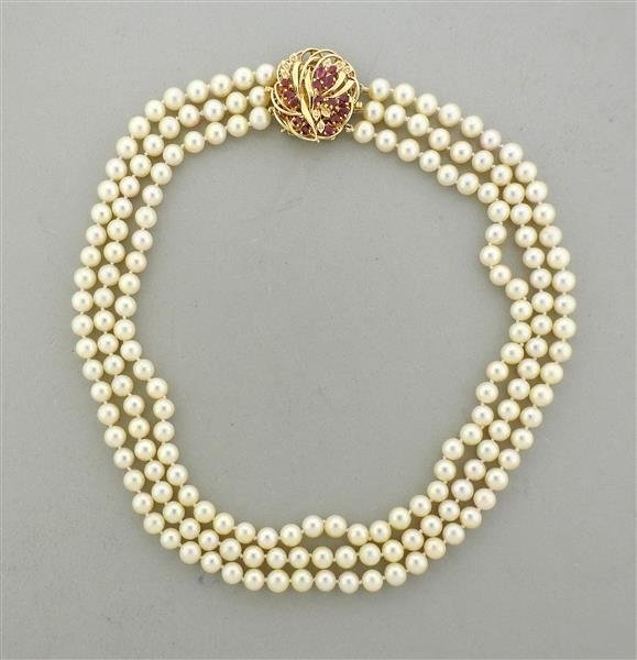 14K Gold Ruby Diamond Clasp Pearl Necklace Pendant (1 of 3)