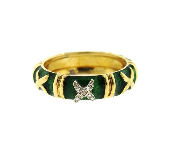 Hidalgo 18K Gold Diamond Green Enamel Band Ring (1 of 4)
