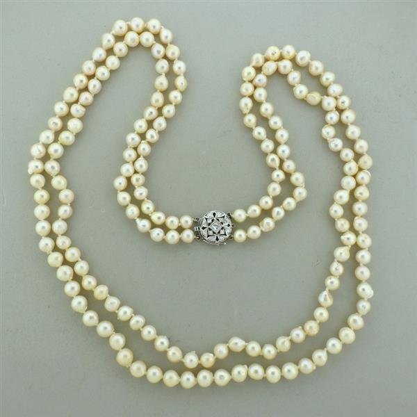 14k Gold Pearl Diamond Two Strand Long Necklace (1 of 6)