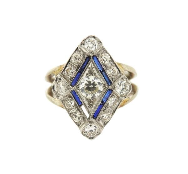 Art Deco 14k Gold Diamond Sapphire Ring (1 of 3)