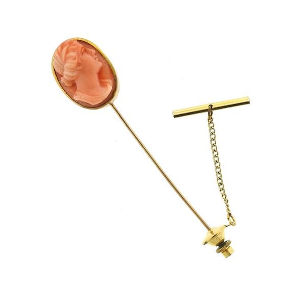 Antique Victorian 18K Gold Carved Coral Cameo Stick Pin (1 of 4)