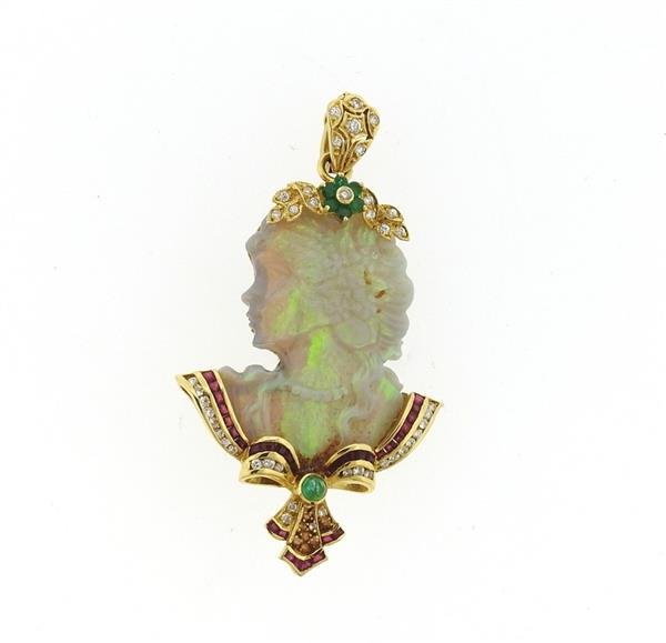 18k Gold Carved Opal Diamond Ruby Emerald Pendant (1 of 4)