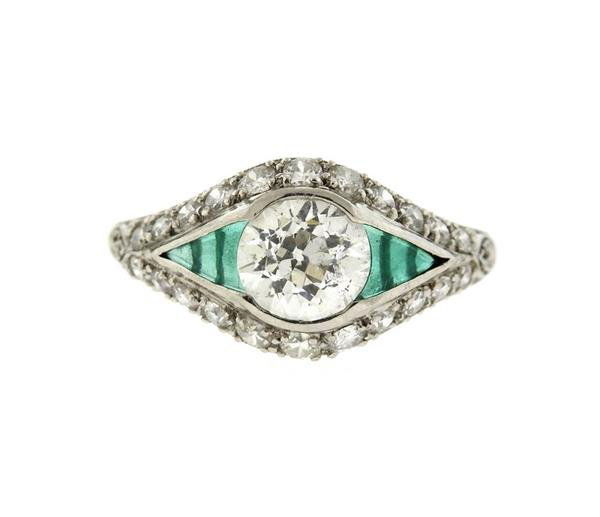 Art Deco Platinum Diamond Emerald Engagement Ring (1 of 4)