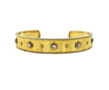 Buccelati 18K Gold Diamond Cuff Bracelet: METAL: 18K gold. GEMSTONES: diamonds-approx. 0.25ctw. MEASUREMENTS: bracelet will fit up to 7&quot; wrist. Bracelet is 11.7mm wide. MARKED/TESTED: Buccellati 18K. WEIGHT: 18.7 grams. Gemstones have no