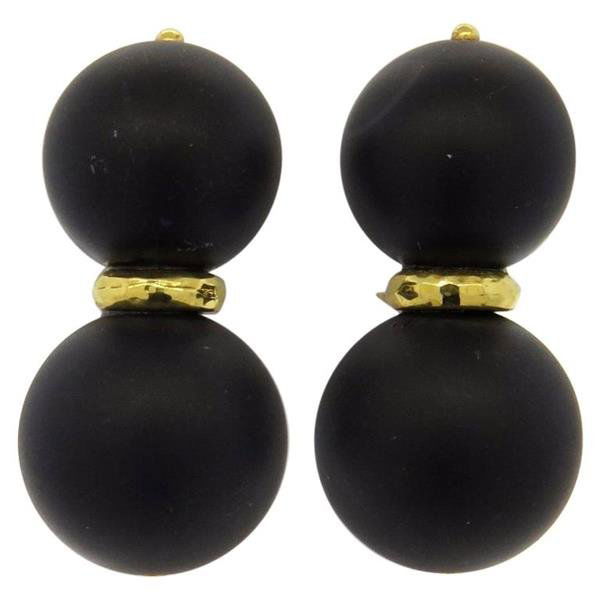 Andrew Clunn Jet 18K Gold Double Ball Earrings: METAL: 18k gold. GEMSTONES: Jet. MEASUREMENTS: 37mm long x 18.2mm at widest points. MARKED: A. Clunn 18k. WEIGHT: 34 grams.Gemstones have not been graded for color and clarity ,and tested for clarity
