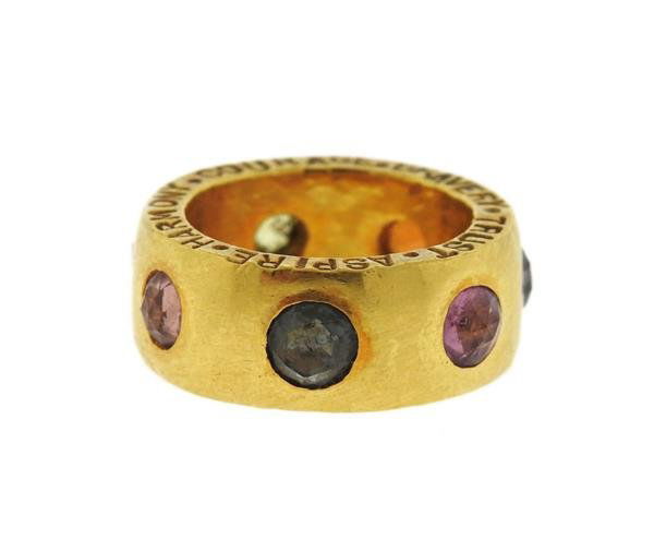 22k Gold Multi Color Gemstone Wide Band Ring (1 of 4)