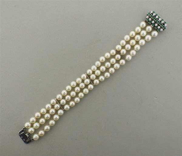 18K Gold Diamond Pearl Green Stone Bracelet (1 of 3)