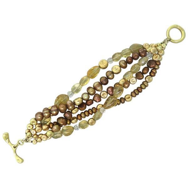 Robert Lee Morris Pearl Quartz Gold Toggle Bracelet: METAL: 18k gold. GEMSTONES: pearl, quartz. MEASUREMENTS: bracelet measures 8.5" end to end. MARKED: RLM 750. WEIGHT: 77.5 grams. Gemstones have not been graded for color and clarity ,and tested f