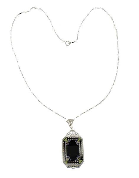 Art Deco 14k Gold Onyx Filigree Pendant Necklace (1 of 5)