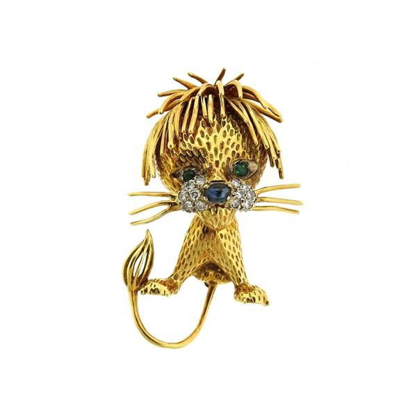 18K Gold Diamond Sapphire Emerald Lion Brooch Pin (1 of 3)