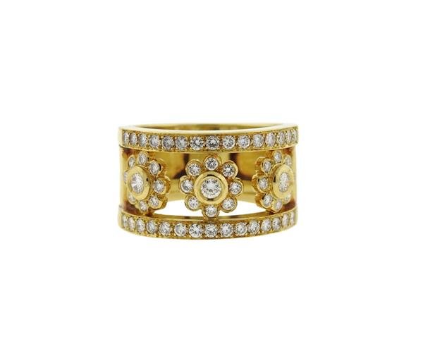 18k Gold Diamond Flower Motif Wide Band Ring (1 of 4)