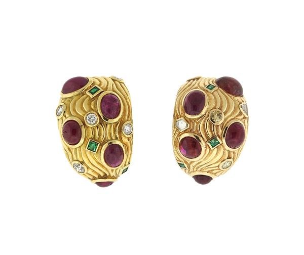 Large 18k Gold Ruby Emerald Diamond Half Hoop Earrings (1 of 5)