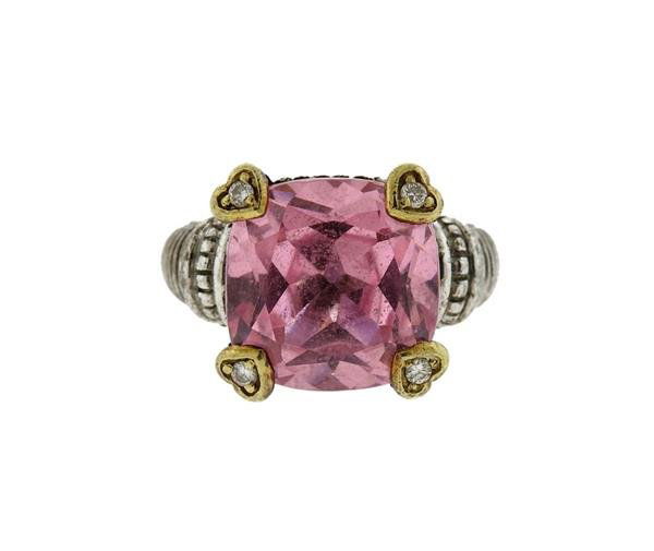 Judith Ripka 18K Gold Silver Pink Stone Diamond Ring (1 of 3)