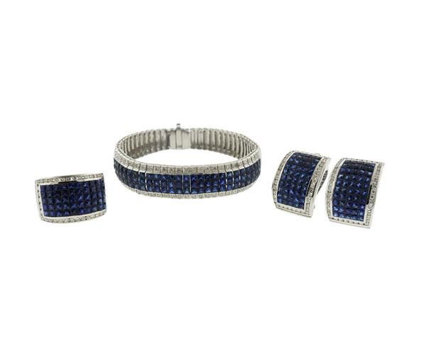 18K Gold Diamond Sapphire Bracelet Earrings Ring Set (1 of 6)