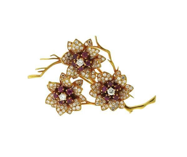 18K Gold Diamond Ruby Flower Brooch Pin (1 of 4)