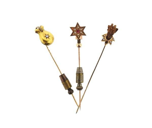Antique 18K Gold Gemstone Pearl Stick Pin Lot of 3 (1 of 3)