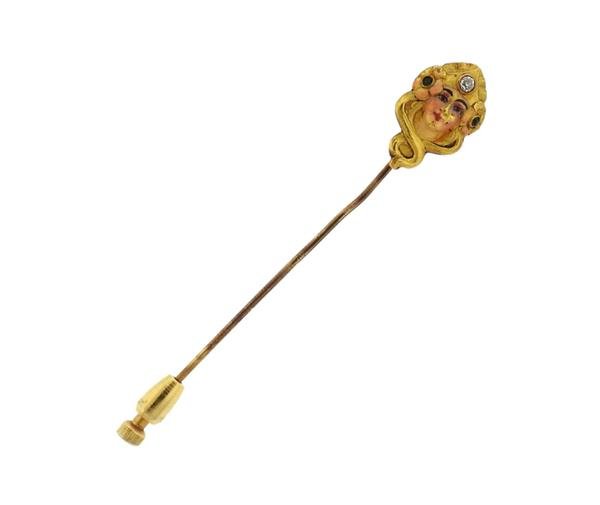 Art Nouveau 14K Gold Diamond Emerald Stick Pin (1 of 3)