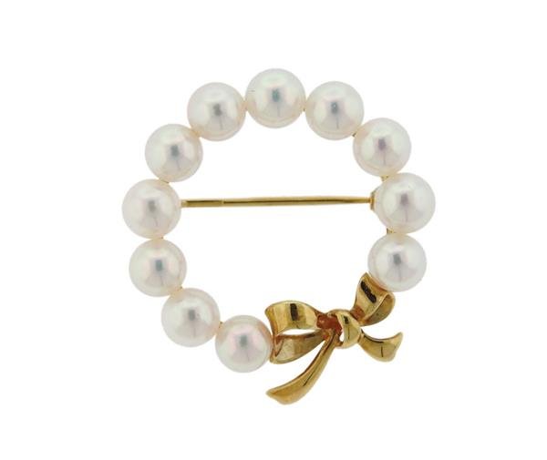 Mikimoto 18K Gold Pearl Circle Brooch Pin (1 of 3)