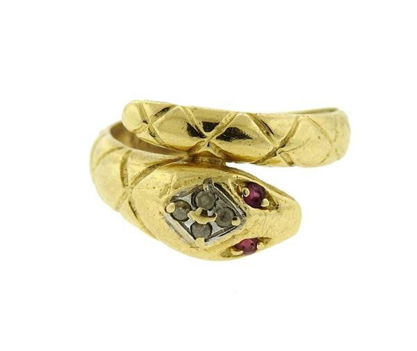 14K Gold Diamond Ruby Snake Bypass Ring (1 of 3)