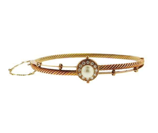18K Gold Diamond Pearl Bangle Bracelet (1 of 3)