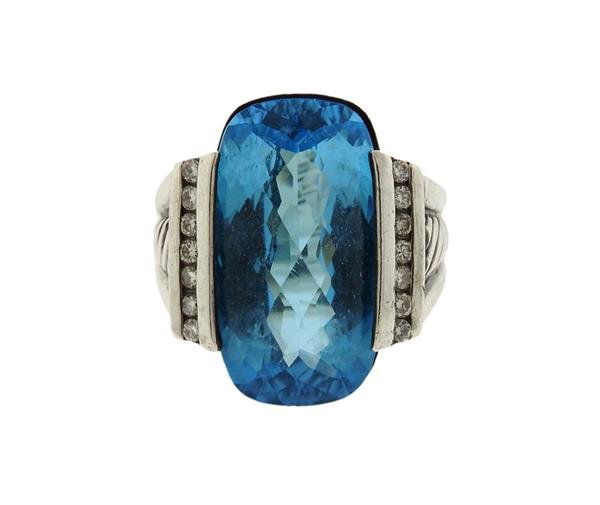 David Yurman Sterling Silver Blue Topaz Diamond Ring (1 of 3)