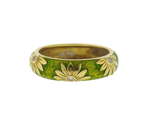 Hidalgo 18K Gold Diamond Green Enamel Band Ring (1 of 3)