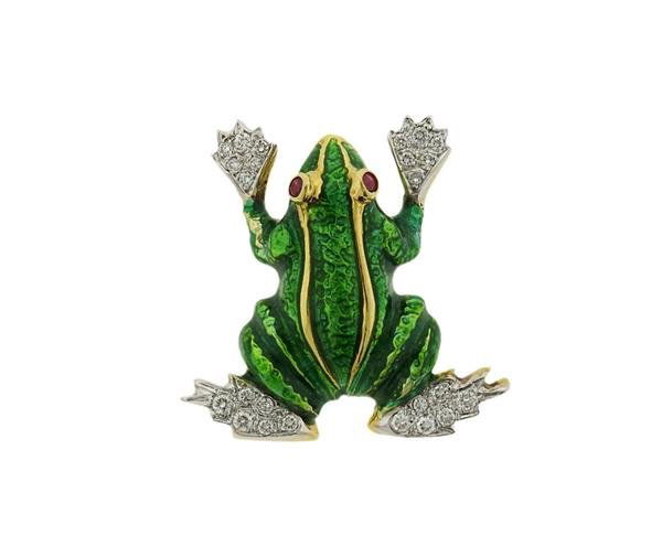 18K Gold Diamond Ruby Enamel Frog Brooch Pin (1 of 4)