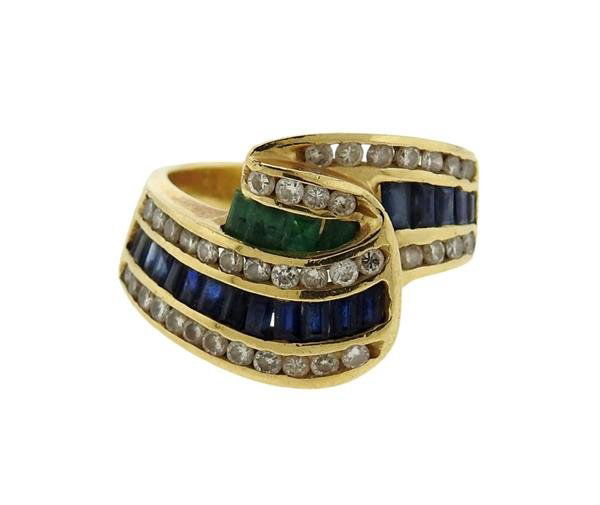 14K Gold Diamond Emerald Sapphire Wave Band Ring (1 of 3)