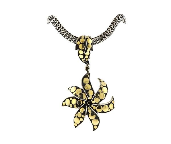 John Hardy 18K Gold Sterling Dot Pendant Necklace: METAL: 18K gold, sterling silver. MEASUREMENTS: necklace is 18" long x 5mm wide. Ayu Dot Collection pendant is 59mm long x 33mm at widest point. MARKED: JH 925 18K. WEIGHT: 51.1 grams. Gemstones 