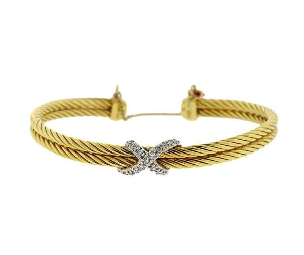 David Yurman 18K Gold Diamond X Cuff Bracelet (1 of 4)