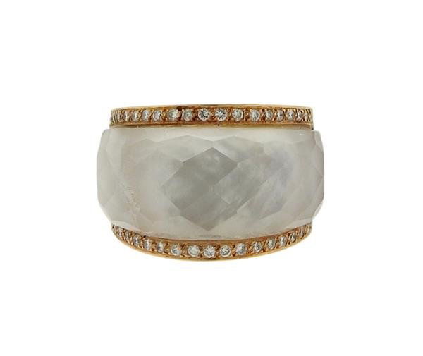 Stephen Webster 18K Gold Diamond Crystal Ring: METAL: 18K rose gold. GEMSTONES: Mother of pearl, rock crystal, diamonds. MEASUREMENTS: Ring size 5.5, measures 16.5mm wide. MARKED: 750. WEIGHT: 33.7 grams. Ring has insert inside shank, no signature