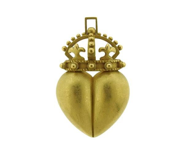 Kieselstein Cord 18K Gold Crown Heart Pendant Brooch (1 of 4)