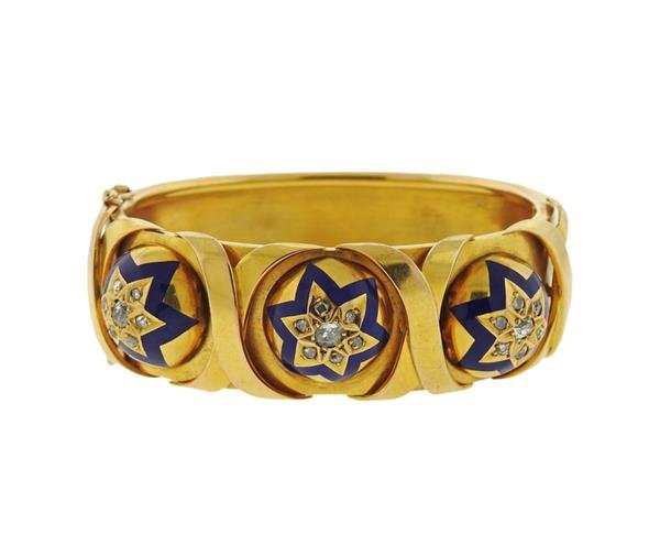 Antique 18K Gold Diamond Enamel Bangle Bracelet (1 of 4)