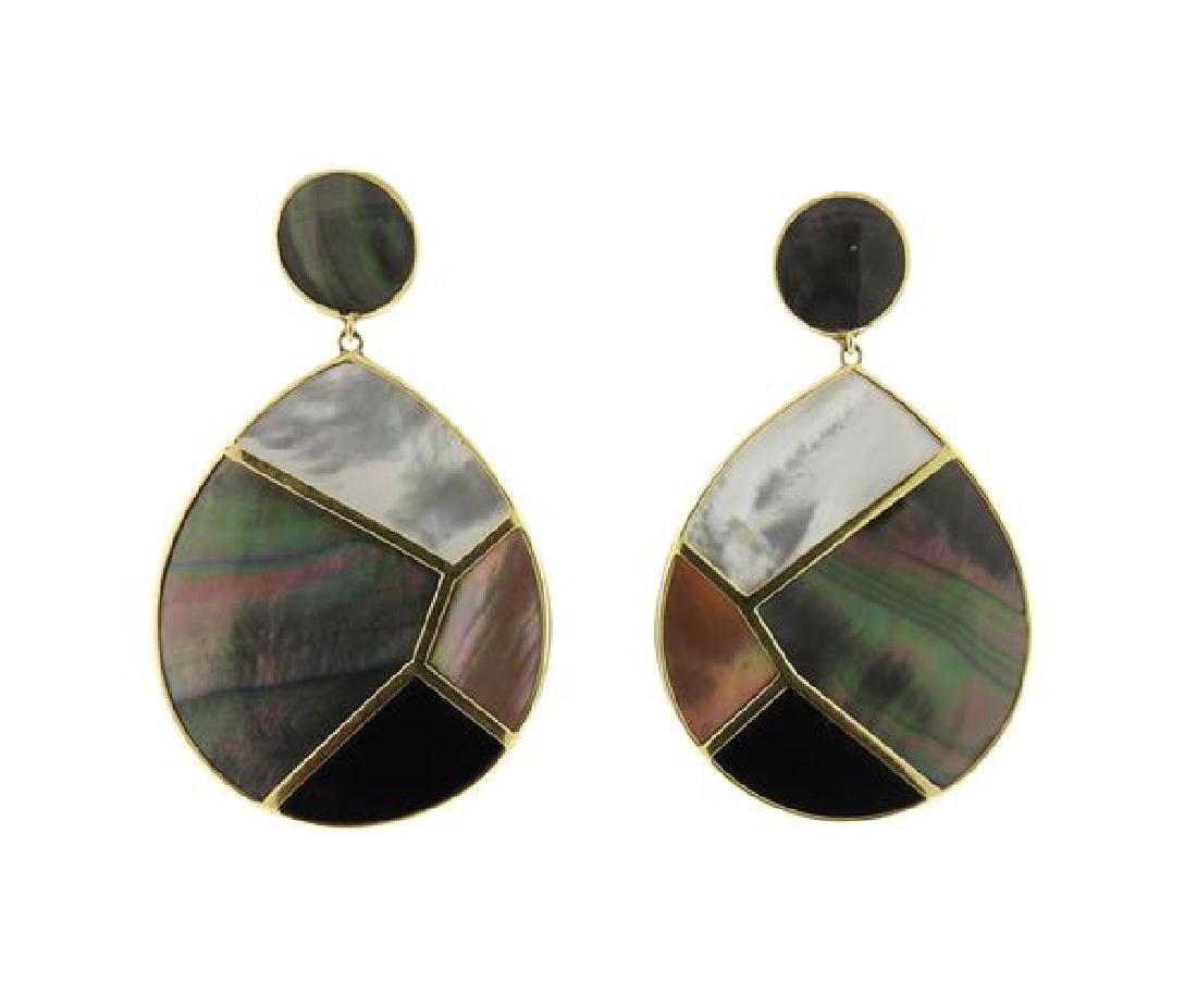 Ippolita 18K Gold Mother of Pearl Onyx Teardrop: METAL: 18K gold. GEMSTONES: mother of pearl, onyx. MEASUREMENTS: earrings are 55mm long x 33mm at widest point. Earrings are missing backs, one earring broken. MARKED: Ippolita 18K. WEIGHT: 13.8 grams
