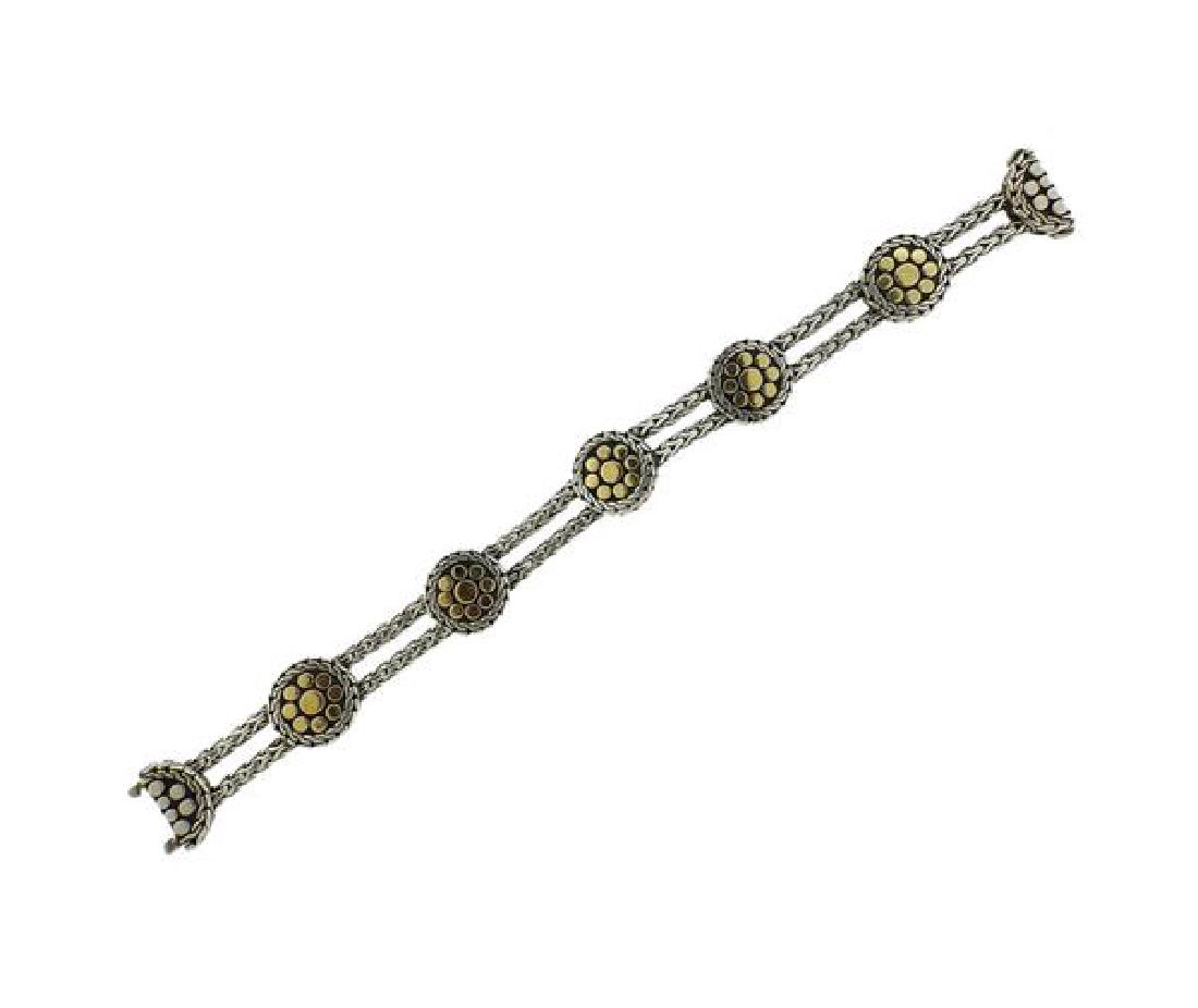 John Hardy Dot 18K Gold Sterling Station Bracelet: METAL: 18K gold, sterling silver. MEASUREMENTS: bracelet is 7.5" long, station is 15.5mm in diameter. MARKED; JH 925 18K. WEIGHT: 39.9 grams.Gemstones have not been graded for color and clarity ,