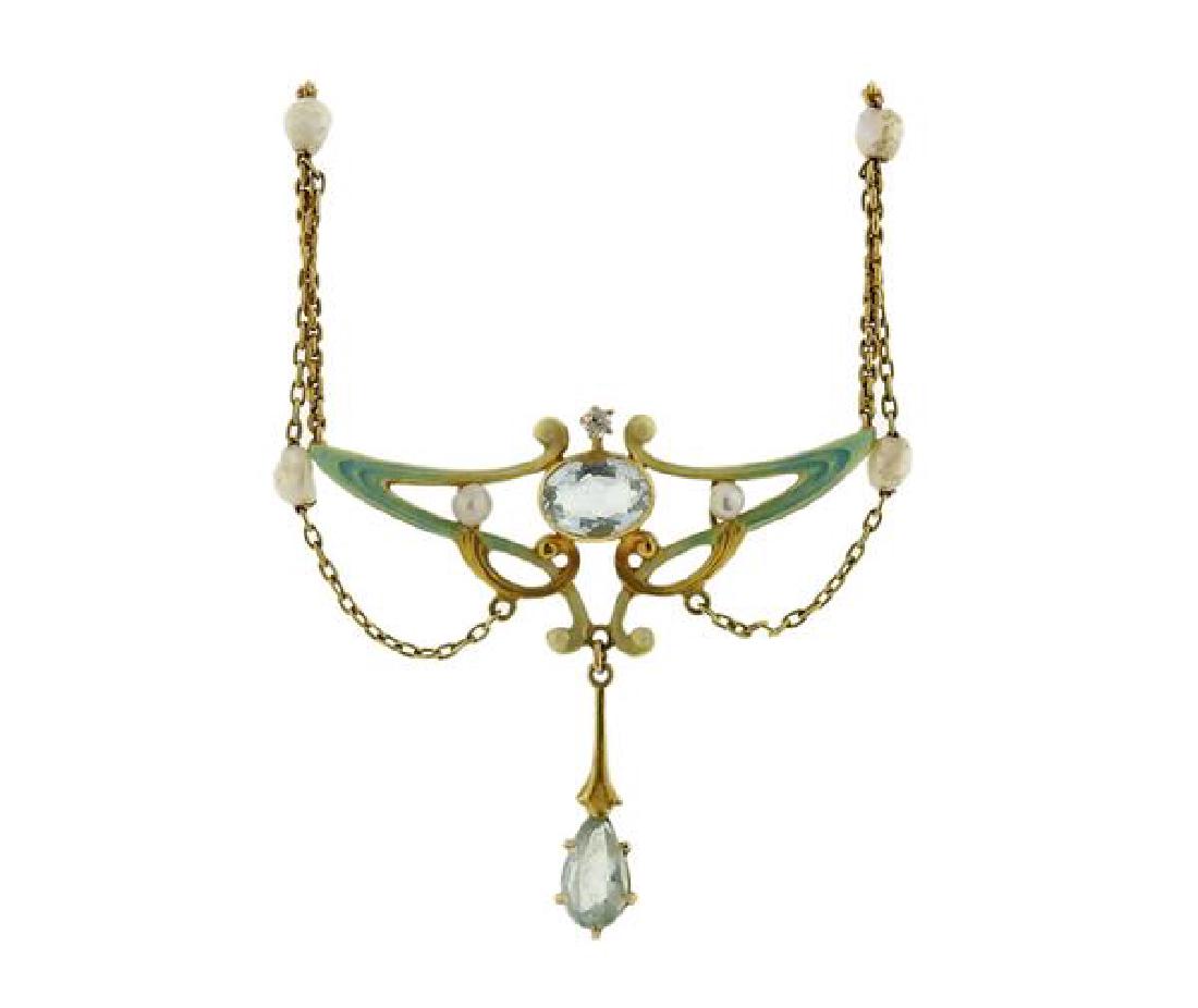 Art Nouveau Lavalier 14K Gold Diamond  Pearl Enamel (1 of 3)