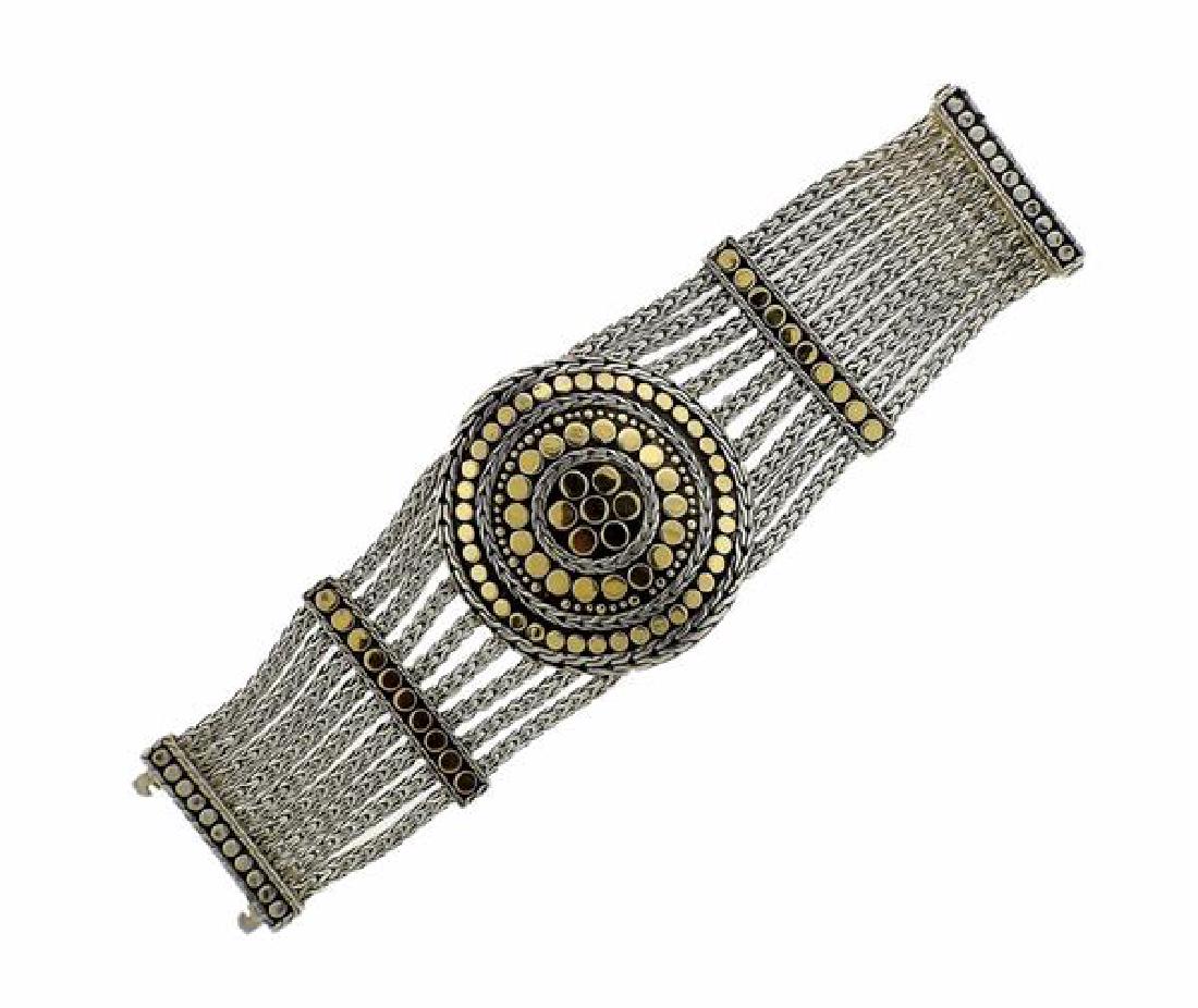 John Hardy Dot Nuansa 18k Gold Sterling Large Round: METAL: 18K gold, sterling silver. MEASUREMENTS: 6.5" long x 53mm at widest point. MARKED: JH 925 18K. WEIGHT: 116.9 grams. Gemstones have not been graded for color and clarity ,and tested for cla