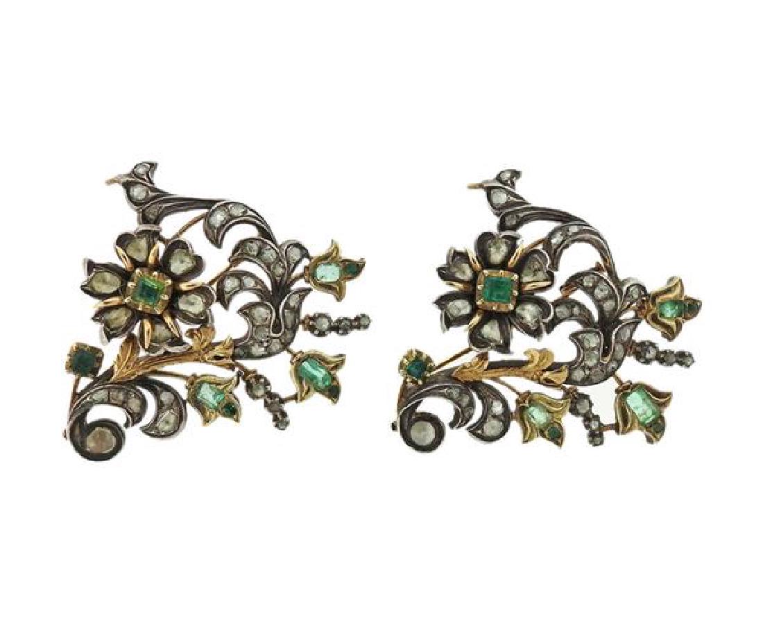 Antique 18K Gold Silver Diamond Emerald Flower Brooch (1 of 3)