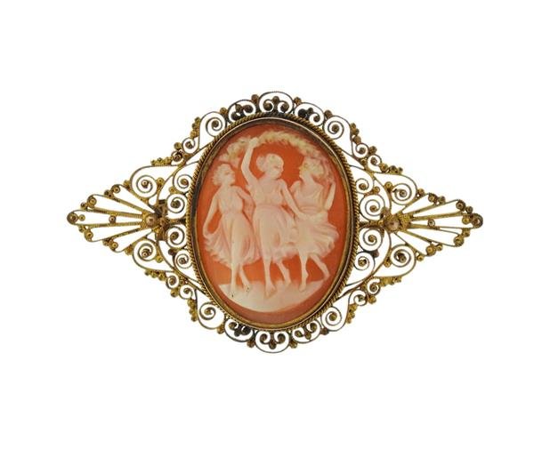 Antique 14K Gold Shell Cameo Filigree Brooch Pin (1 of 3)