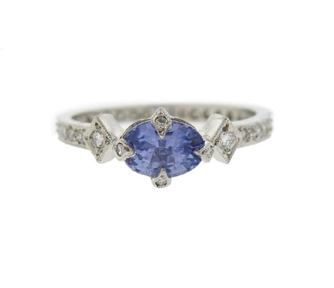 Cathy Waterman Platinum Diamond Sapphire Ring: METAL: platinum. GEMSTONES: sapphire, diamonds. MEASUREMENTS: Ring size 5.75, measures 6mm at widest point. MARKED: 950pt maker's mark. WEIGHT: 2.3 grams. Gemstones have not been graded for color 