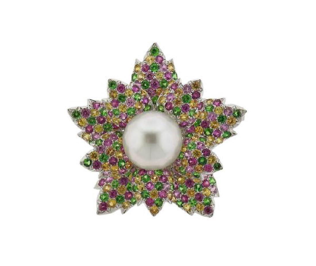 18K Gold Pearl Multi Color Stones Floral Brooch Pin (1 of 3)