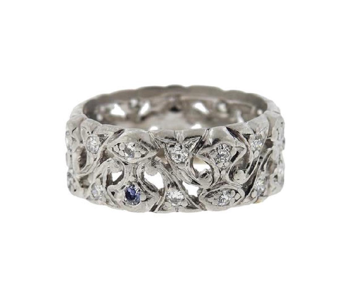 Platinum Diamond Wide Wedding Band Ring: METAL: platinum. GEMSTONES: diamonds ( one diamond was replaced) . MEASUREMENTS: ring size 6.75. Band is 8mm wide. Inner shank has small crack. TESTED: platinum. WEIGHT: 8.6 grams. Gemstones have not