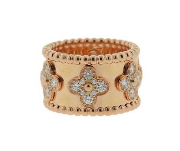 Van Cleef &amp; Arpels VCA Perlee 18K Gold Diamond: METAL: 18K pink gold. GEMSTONES: diamonds-approx. 1.35ctw ( DEF, IF-VVS). MEASUREMENTS; ring size 6.25. Band is 13mm wide. Ring comes with original pouch. MARKED: VCA G750 51 JB 034881. Retail $13900.