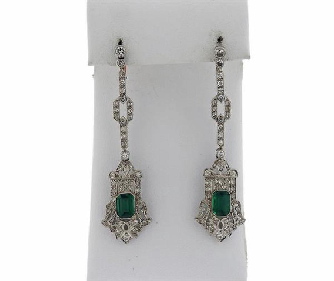 Art Deco Platinum 18K Gold Diamond Green Stone Dangle (1 of 4)