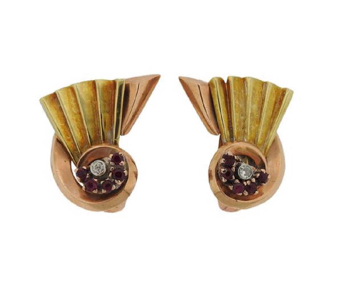 Retro 14K Tri Color Gold Diamond Red Stone Fan Earrings (1 of 4)