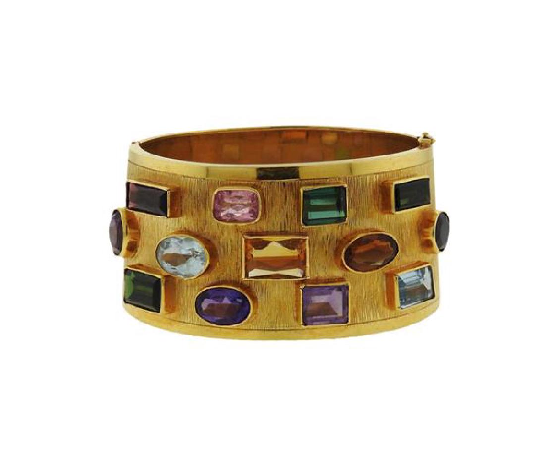 18K Gold Multi Color Gemstone Wide Bangle Bracelet (1 of 5)
