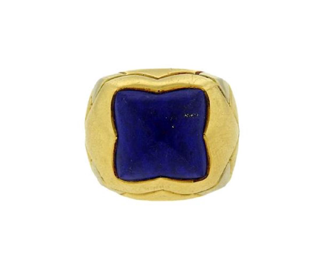 Bvlgari Bulgari 18K Gold Lapis Pyramid Dome Ring: METAL: 18K Gold. GEMSTONES: Lapis. MEASUREMENTS: Ring size 6, top measures 18.3mm wide. MARKED: Bvlgari 750, Made in Italy. WEIGHT: 16.0 grams. Gemstones have not been graded for color and clarity, an