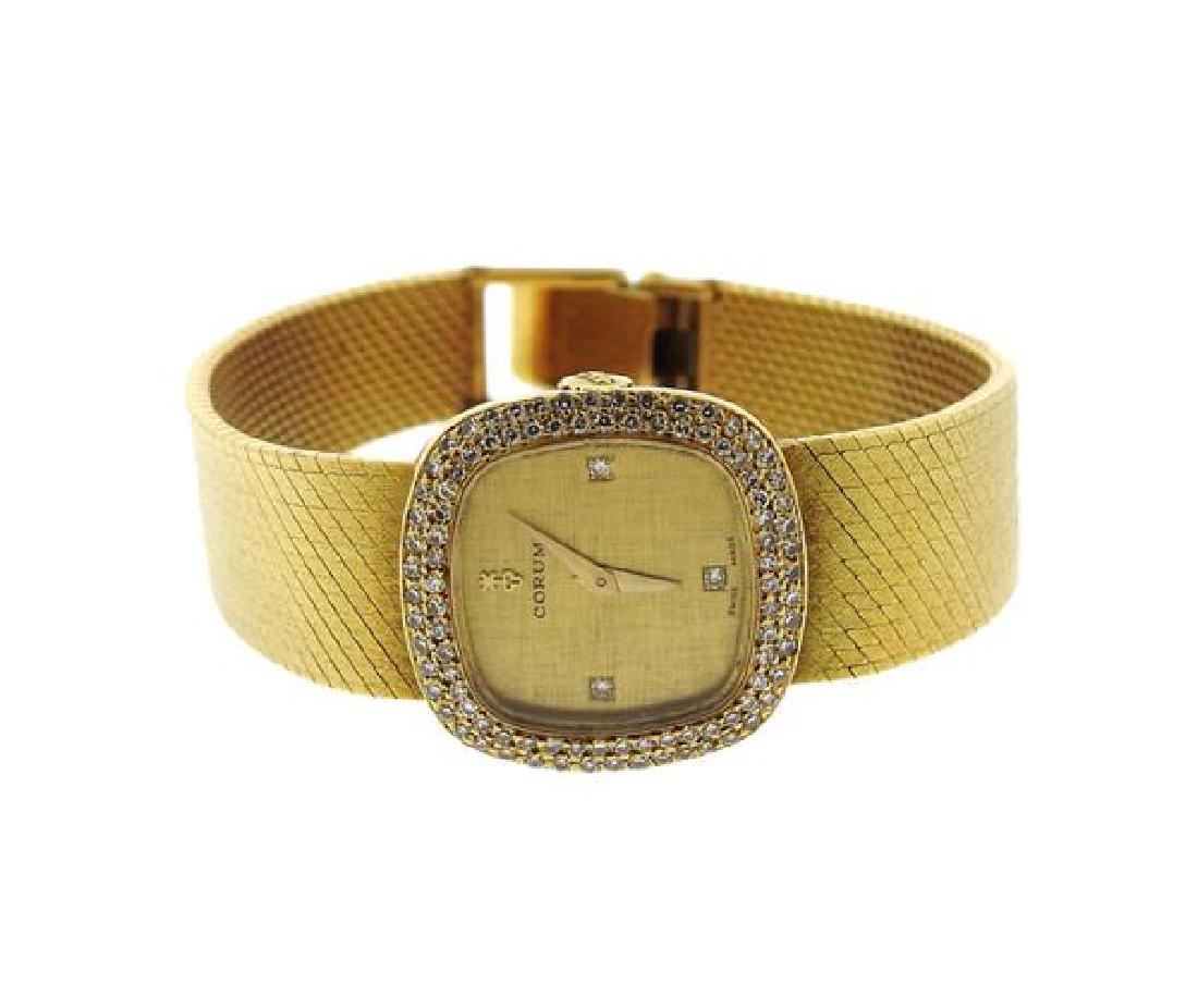 Corum 18K Gold Diamond Lady's Watch: METAL: 18K Gold. GEMSTONES: Diamonds. MEASUREMENTS: Case is 20.2mm (excl. crown). Bracelet will fit up to 6" wrist. MOVEMENT: Mechanical, running order. WEIGHT: 46.4 grams. Gemstones have not bee