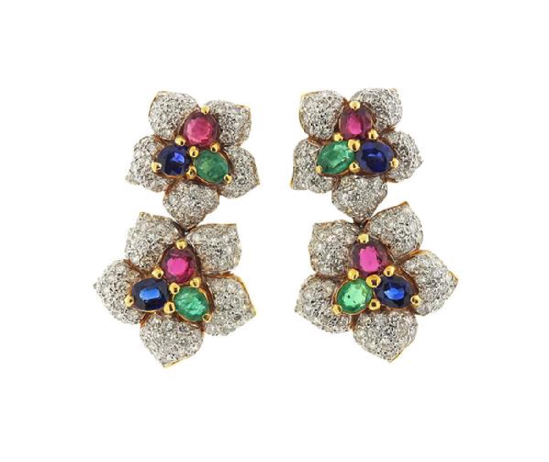 18K Gold Diamond Multi Color Stone Flower Earrings (1 of 3)